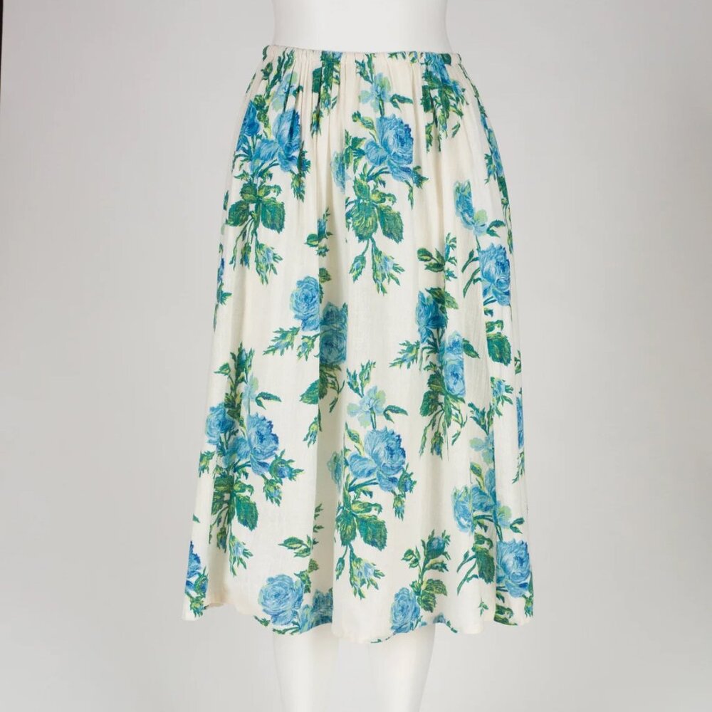 1950s Vintage Blue Rose Floral Print White Cotton Gauze Midi Skirt Sz XS S M